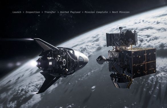 Futuristic reusable orbital drone in Low Earth Orbit performing close-proximity inspection of a commercial satellite. Subtle RCS thrusters are firing as the advanced servicing platform flies alongside the target spacecraft, with Earth’s blue atmosphere filling the background under premium cinematic lighting.