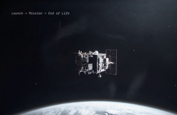 Photorealistic view of a single conventional satellite floating alone in Low Earth Orbit shortly after deployment. The spacecraft is centered against the blackness of space with Earth’s curved horizon and atmosphere visible below, illuminated by clean cinematic lighting.
