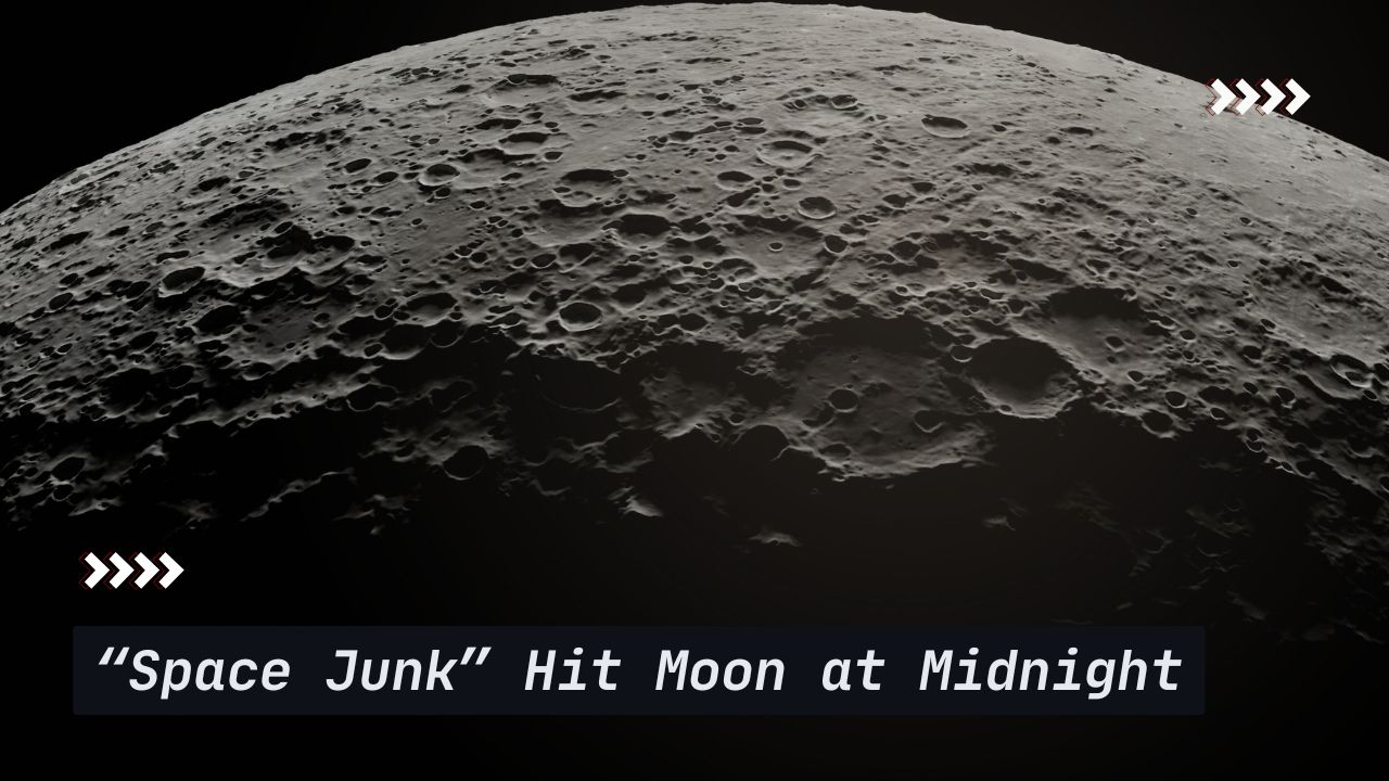 Dark, close-up view of the Moon’s cratered surface with the headline “Space Junk” Hit Moon at Midnight, highlighting the 2026 SpaceX Falcon 9 upper-stage lunar impact.